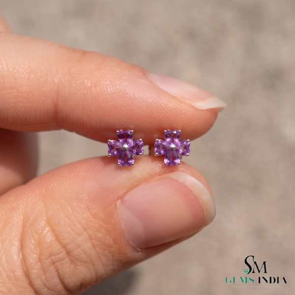Heart Shape Amethyst Flower Stud Earrings - Elegant Gemstone Jewelry