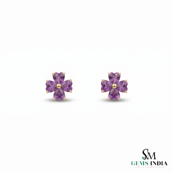 Heart Shape Amethyst Flower Stud Earrings - Elegant Gemstone Jewelry