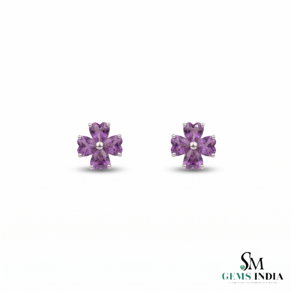 Heart Shape Amethyst Flower Stud Earrings - Elegant Gemstone Jewelry