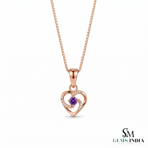 Natural Round Amethyst Heart Pendant With Diamond Accent - Romantic Jewelry Gift for Her
