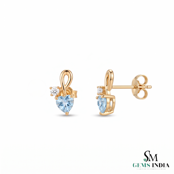 Natural Aquamarine & Diamond Heart Drop Earrings – Elegant Gold Jewelry