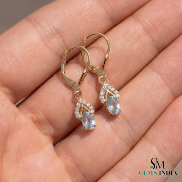 Oval Natural Aquamarine & Diamond Drop Earrings – Gift For Woman