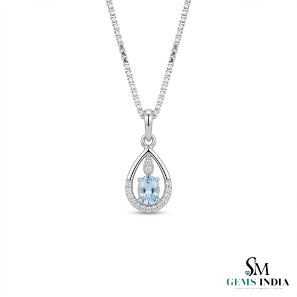 Natural Oval Cut Aquamarine Drop Pendant in a Diamond-Accented Tear Frame