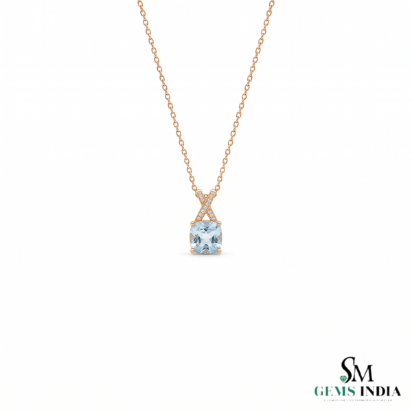 Cushion Cut Aquamarine and Diamond Accent X-Bail Pendant - Anniversary Jewelry Gift