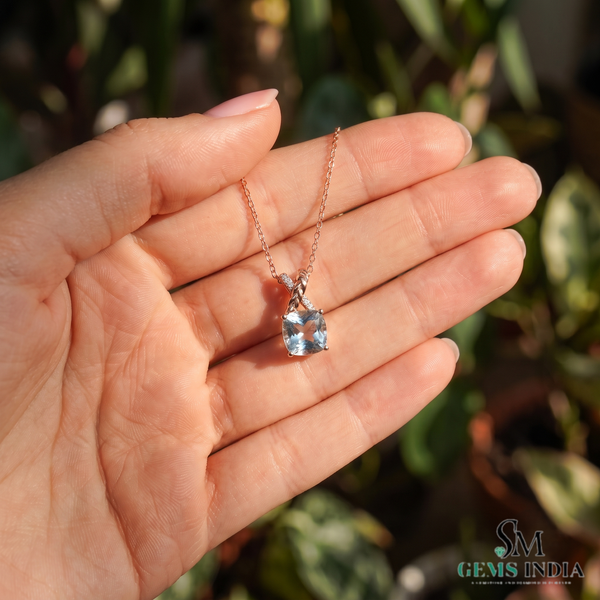 Cushion Cut Aquamarine and Diamond Accent X-Bail Pendant - Anniversary Jewelry Gift
