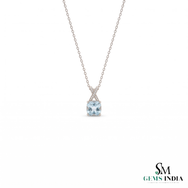 Cushion Cut Aquamarine and Diamond Accent X-Bail Pendant - Anniversary Jewelry Gift