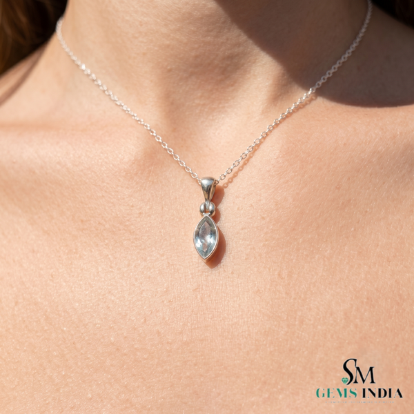 Genuine Marquise Cut Light Blue Aquamarine Solitaire Pendant - Gift For Her