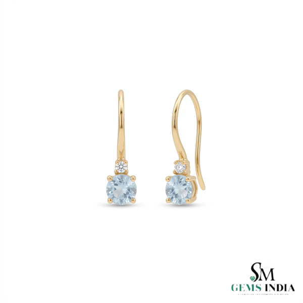 Round Aquamarine Drop Earrings With Diamond Accent - Birthstone Fine Jewelry Gift For Her
