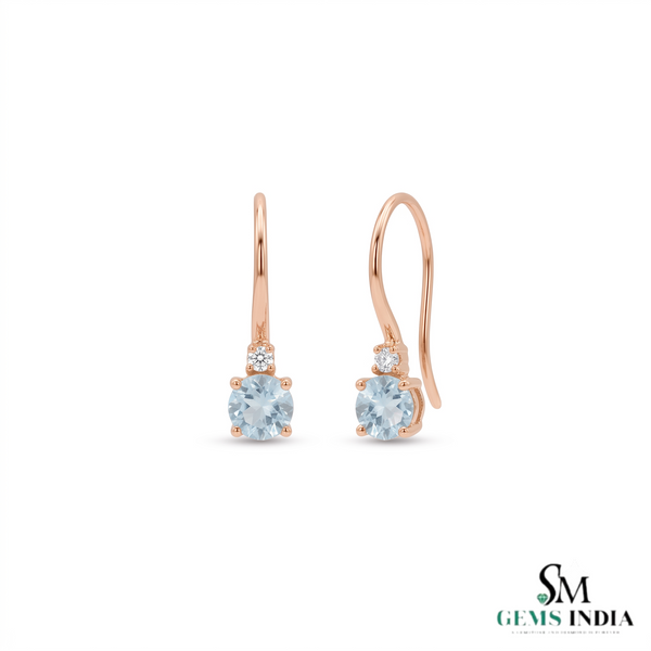 Round Aquamarine Drop Earrings With Diamond Accent - Birthstone Fine Jewelry Gift For Her