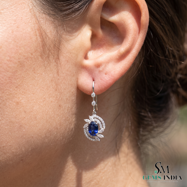 Oval Blue Sapphire Diamond Halo Drop Earrings - Luxury Statement Jewelry
