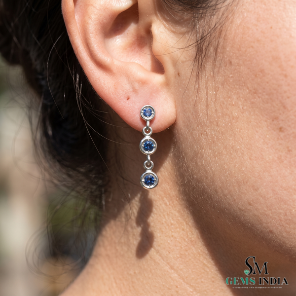 Elegant Round Blue Sapphire Circle Drop Earrings – Timeless Anniversary Gift for Her