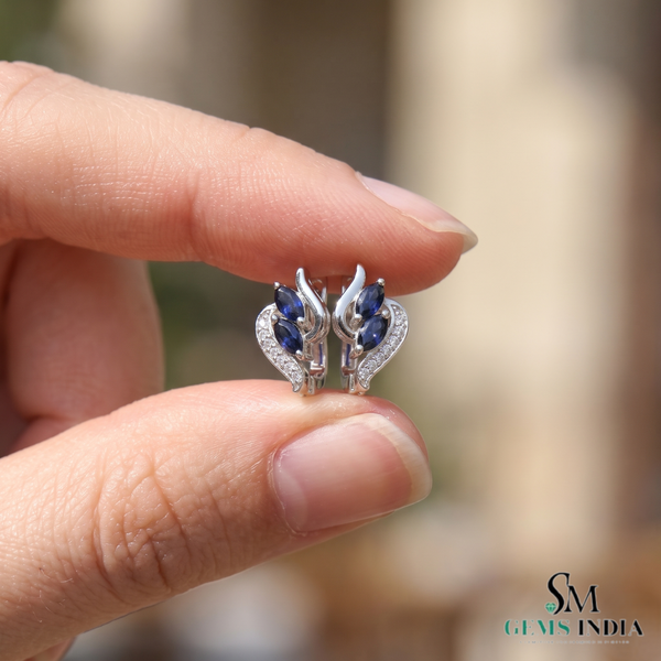 Blue Sapphire Marquise Leaf Earrings - Diamond Accent Fine Jewelry