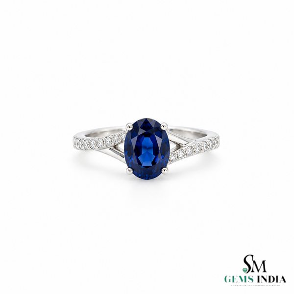 Oval Sapphire Gold Ring with Diamond Embellished Band - Gift For Her