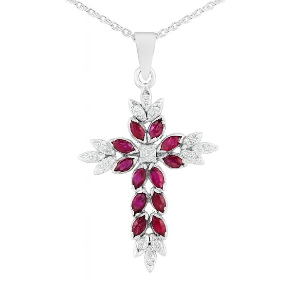 Natural Ruby And Diamond Cross Pendant Necklace In 18k White Gold