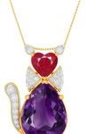 Cat Design Customize Amethyst And Ruby Necklace Pendant