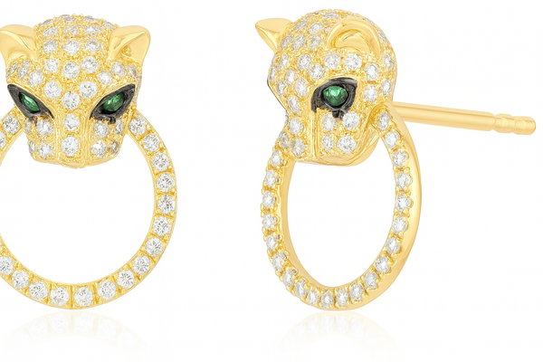 Tiger Design Natural Diamond And Emerald Earrings In 14k Or 18k Solid Gold