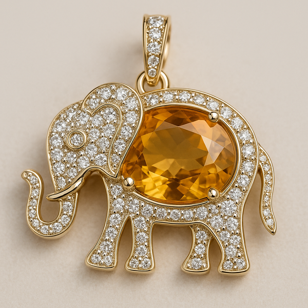 Citrine And Diamond Elephant Design Women And Unisex Pendant Necklace In 18k Solid Gold