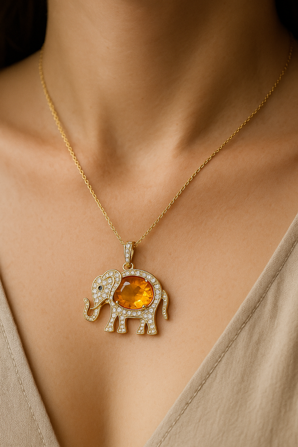 Citrine And Diamond Elephant Design Women And Unisex Pendant Necklace In 18k Solid Gold