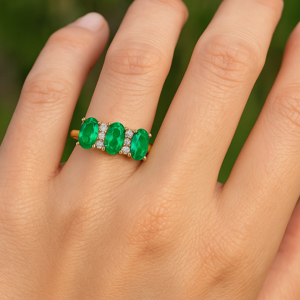 3 Stone Emerald And Diamond Engagement Ring