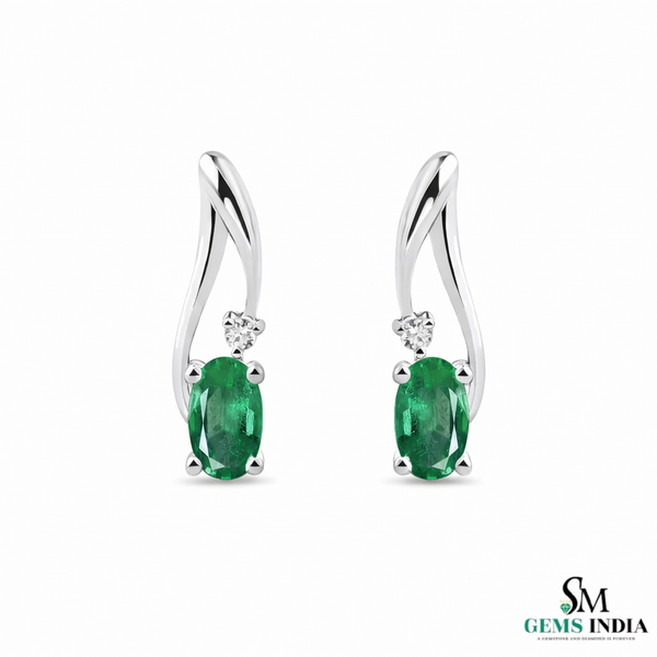 Classic Oval Emerald & Diamond Curved Drop Earrings