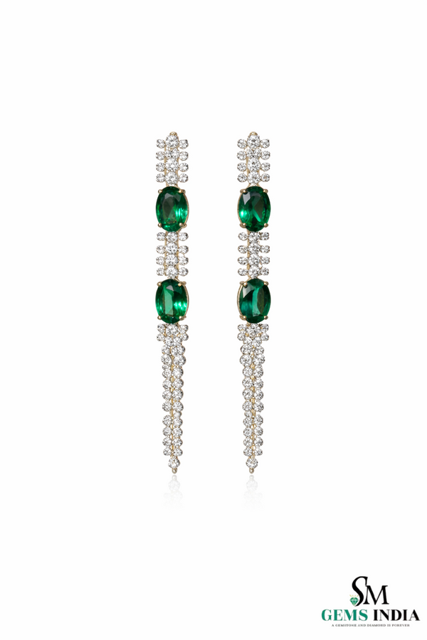 Emerald Oval Drop Earrings with Diamond Chain - Fine Emerald Jewelry
