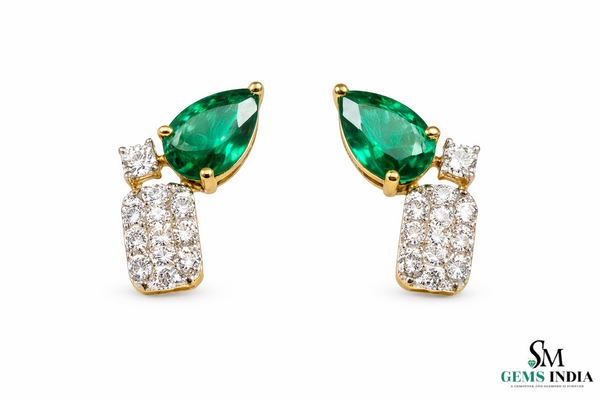 Pear Cut Emerald & Diamond Cluster Stud Earrings - Green Gemstone Jewelry