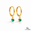 Emerald Drop Hoop Earrings in Gold – Round Emerald Dangle Huggie Earrings
