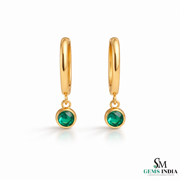 Emerald Drop Hoop Earrings in Gold – Round Emerald Dangle Huggie Earrings