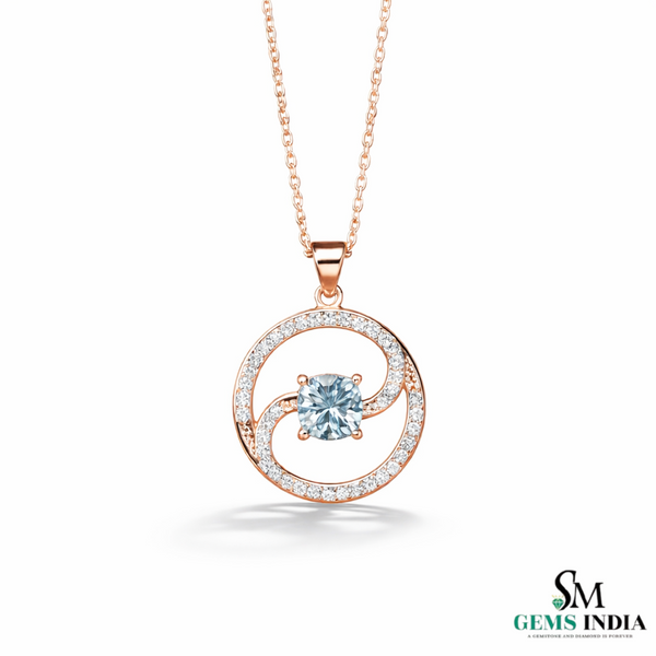 Cushion Cut Aquamarine Diamond Swirl Circle Pendant For Woman