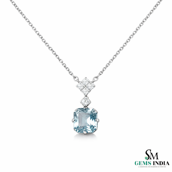 March Birthstone Octagon Cut Aquamarine & Diamond Pendant - Blue Gemstone Jewelry