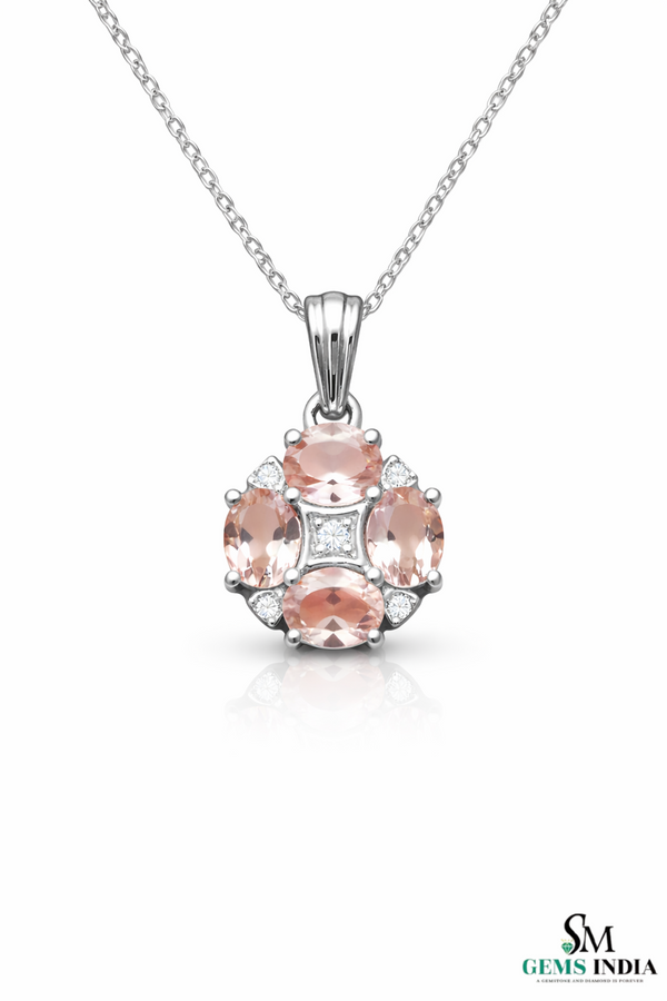 Oval cut Pink Morganite &; Diamond Gold Cluster Pendant for Women