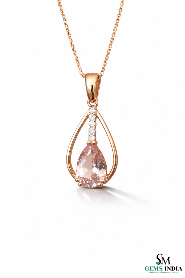 Pear Shape Pink Morganite Diamond Pendant - Diamond accent pendant