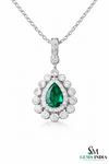 Natural Green Emerald & Diamond Teardrop Pendant - Anniversary Gift