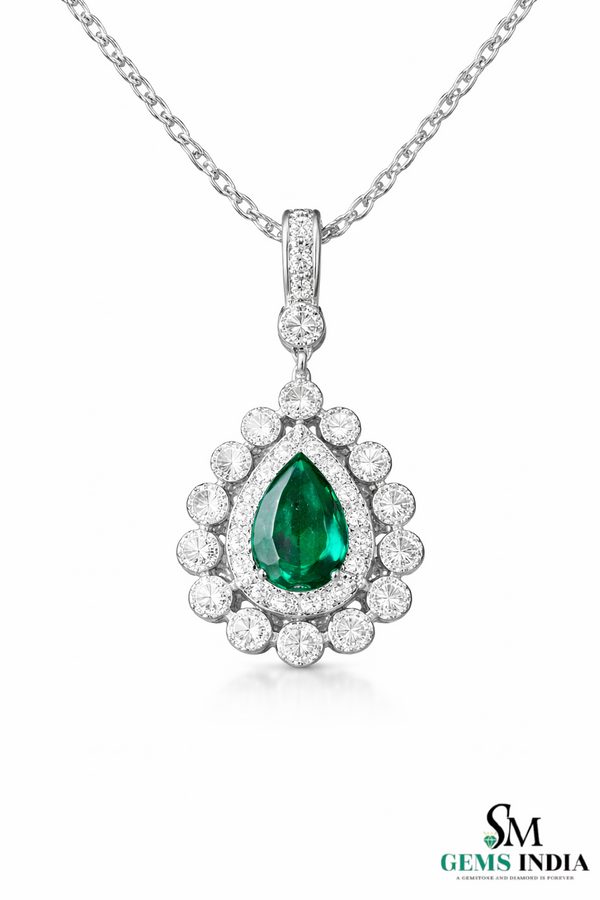 Natural Green Emerald & Diamond Teardrop Pendant - Anniversary Gift