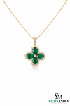 Oval Emerald Cluster Clover Pendant with Diamond Halo in Gold