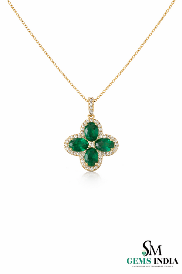 Oval Emerald Cluster Clover Pendant with Diamond Halo in Gold