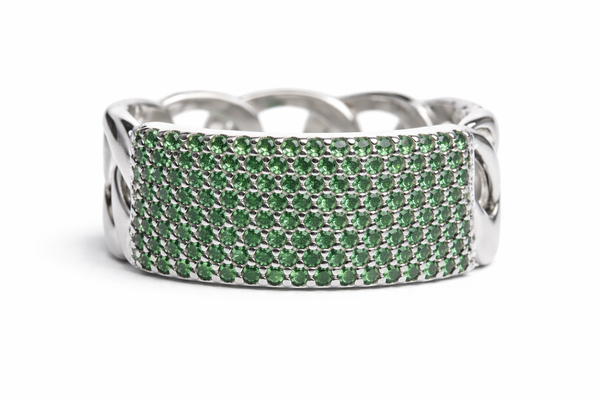 1.30 carat Round Shaped Natural Emerald Iced Out Green Stone Chain Link Ring For men's
