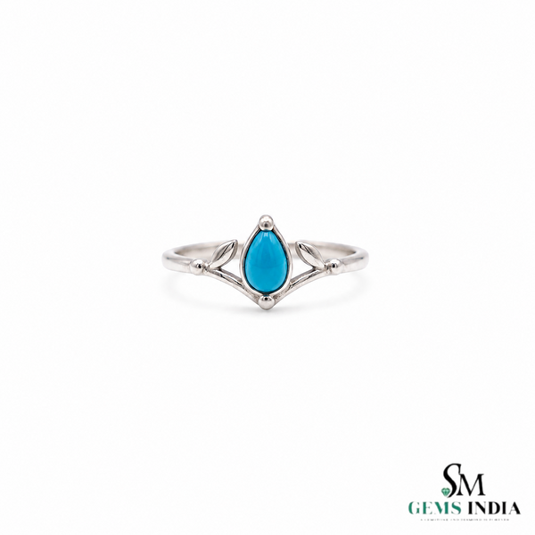 Teardrop Turquoise Ring With Leaf Accent Details – Blue Turquoise Statement Ring