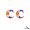 Rainbow Gemstone Crescent Moon Stud Earrings – Multicolor Sapphire & Diamond Accent Celestial Earrings