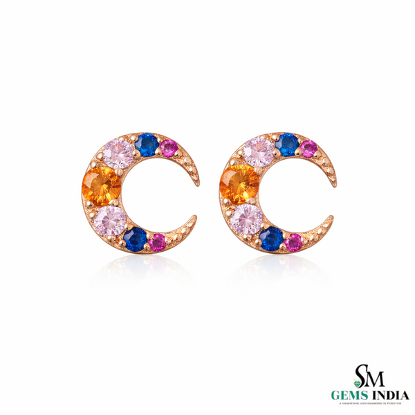 Rainbow Gemstone Crescent Moon Stud Earrings – Multicolor Sapphire & Diamond Accent Celestial Earrings
