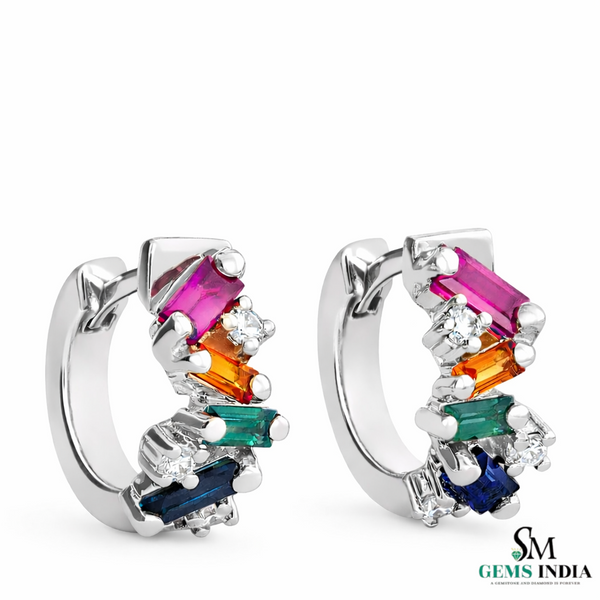 Rainbow Baguette Multi Gemstone & Diamond Huggie Hoop Earrings