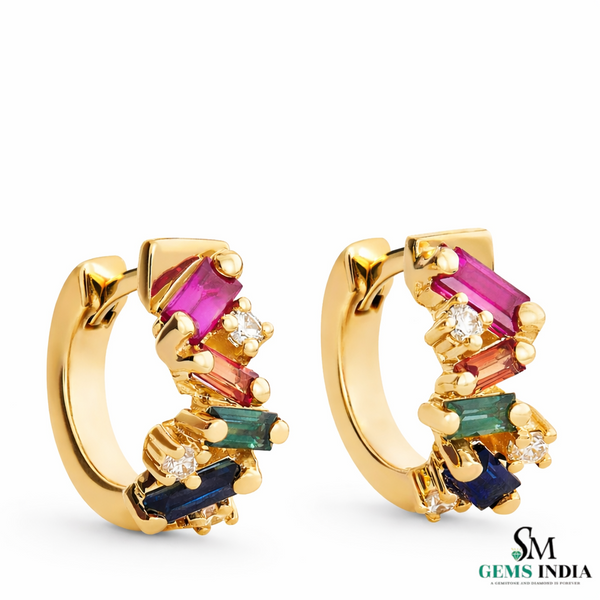Rainbow Baguette Multi Gemstone & Diamond Huggie Hoop Earrings