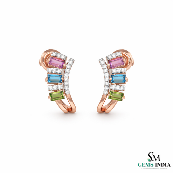 Multicolor Baguette Sapphire & Diamond Hoop Earrings