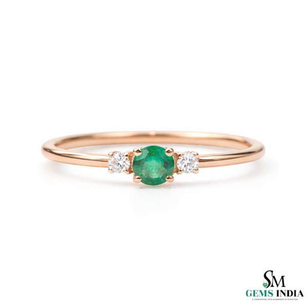 Round Emerald and Diamond Accent Ring in Solid Gold – Dainty Promise Ring