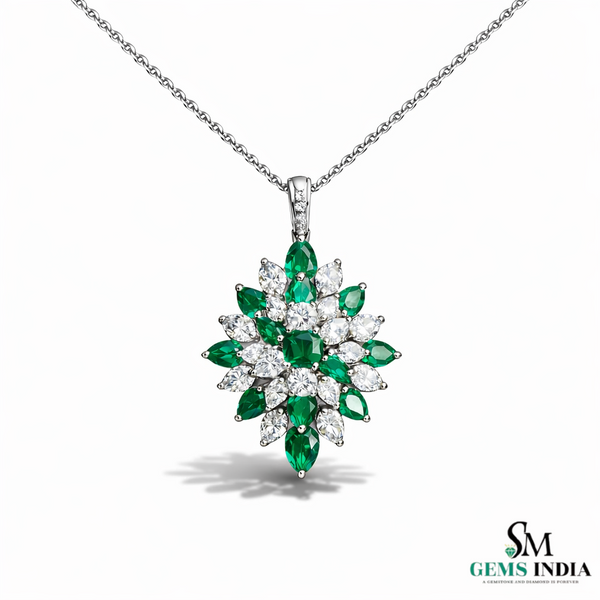 Square and Pear Natural Green Emerald Flower Burst Pendant with Moissanite Accents