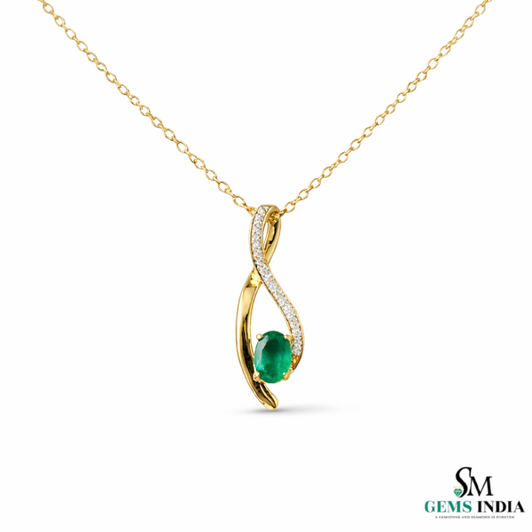 Oval Shape Natural Green Emerald & Diamond Twist Pendant - Green Gemstone Jewelry