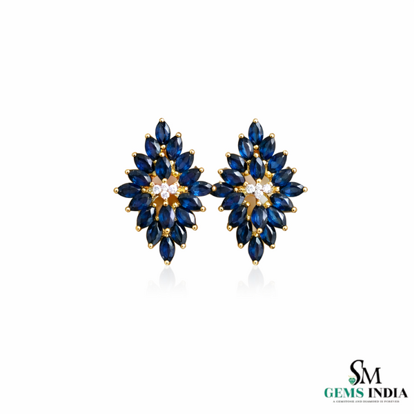 Marquise Cut Blue Sapphire & Diamond Cluster Stud Earrings - Luxury Sapphire Earrings