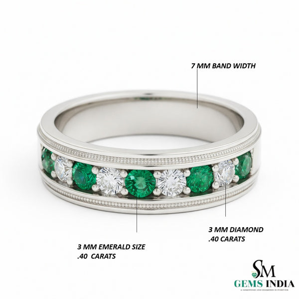 Men's 18k Gold Genuine Emerald & Diamond Wedding Band – May Birthstone
