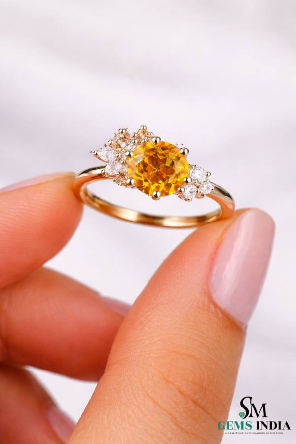 Round Orange Citrine Floral Ring with Diamond Accents in 14k and 18k Gold