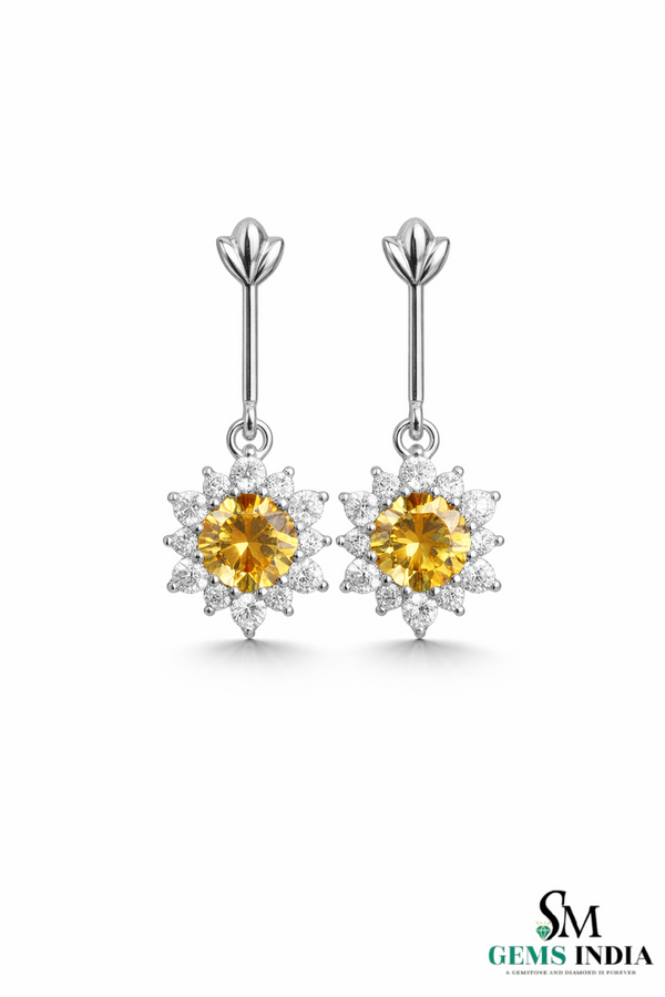 Round cut Natural Citrine & Diamond Floral Drop Earrings - Luxury Jewelry Gift